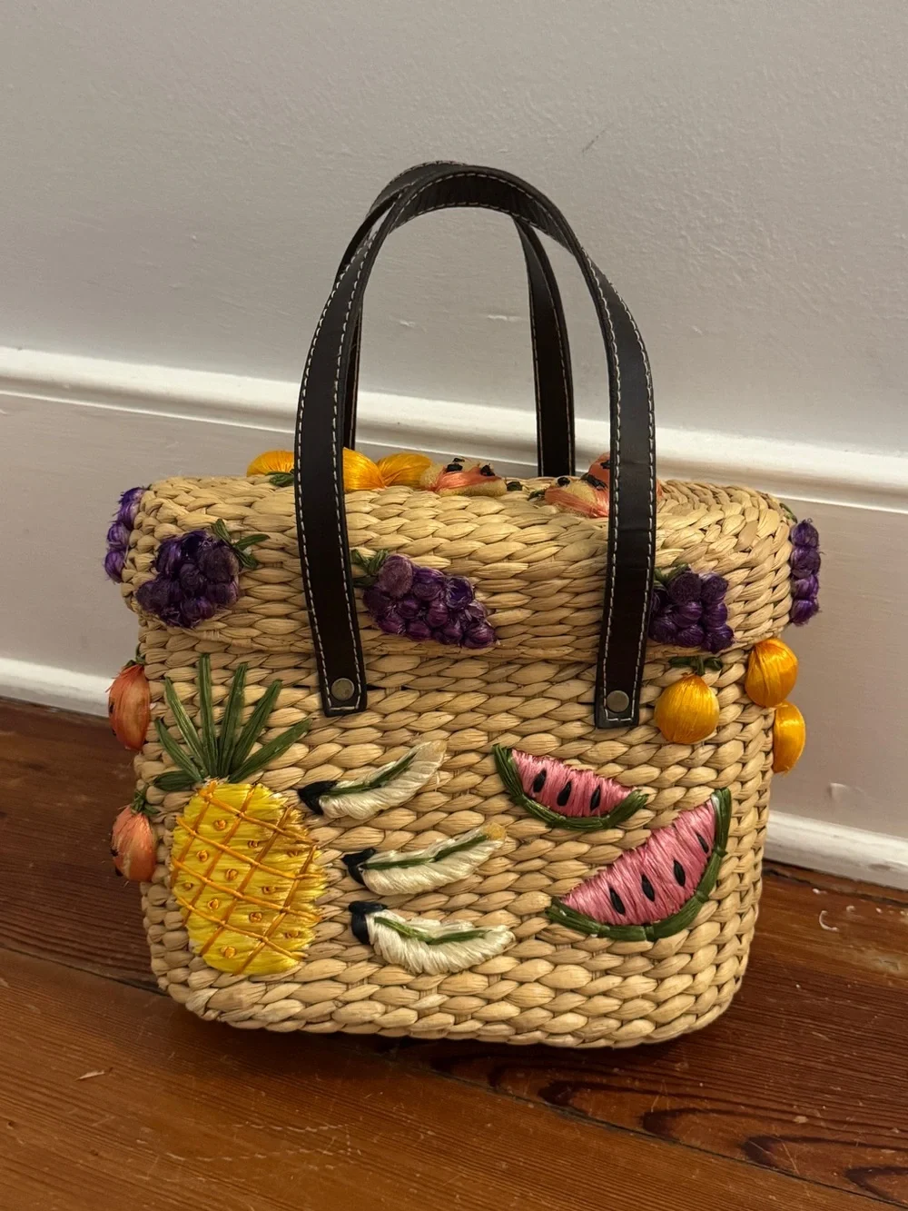 Rafe New York Vintage Straw Braided Basket Bag w/ Embroidered Fruit Square